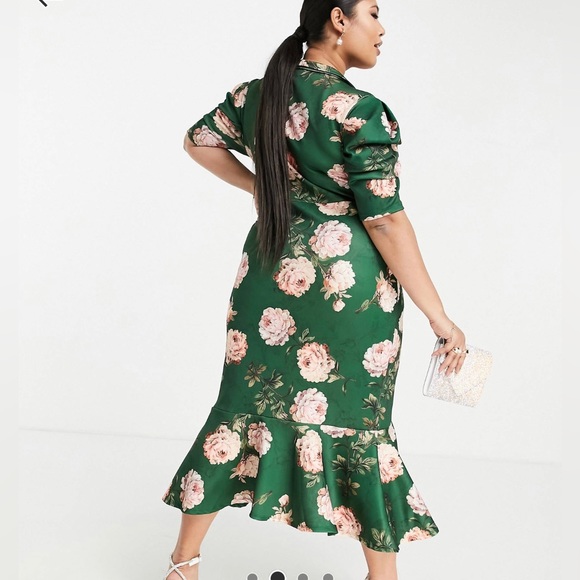 ASOS DESIGN Curve puff sleeve tux midi dress in teal floral print size 24 - Picture 3 of 6